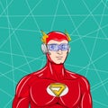 Retro comic style artwork, a superhuman figure wearing a red hero costume. Royalty Free Stock Photo