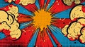 Retro comic style blast with radiating lines and cloud puffs on dotted red backdrop. Pop art comic style pattern Royalty Free Stock Photo