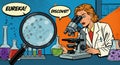 A retro comic-style illustration features a female scientist in a lab coat looking Royalty Free Stock Photo