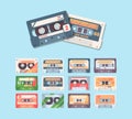 Retro compact cassette colorful flat vector illustration set Royalty Free Stock Photo