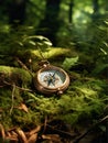 Retro compass on moss, inside forest