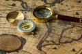 Retro compass with old map and magnifier Royalty Free Stock Photo