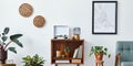 Retro composition of living room interior with mock up poster map, wooden shelf, book, armchair, plant, cacti, vinyl recorder.