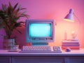 Retro computer with colorful light on it, in tones pink and purple Royalty Free Stock Photo