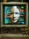 Retro Computer Displaying a Digital Face Split With Code and Vibrant Colors, Highlighting the Fusion of Technology and Royalty Free Stock Photo