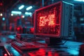 Retro computer displaying red data in a dimly lit tech environment with neon l Royalty Free Stock Photo