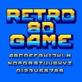 Retro 80 computer game alphabet font. Colorful pixel gradient letters and numbers.