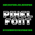 Retro computer game alphabet font. Monochrome pixel letters and numbers.