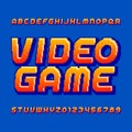 Retro computer game alphabet font. Pixel gradient oblique letters and numbers.