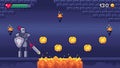 Retro computer games level. Pixel art video game scene 8 bit warrior character collects gold coins, pixels gaming vector