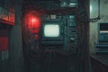 Retro computer interface with glowing red lights and messy wires evokes a cyberpunk aesthetic