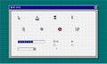 A retro computer interface window displays various pixelated mouse cursors, a progress bar, checkboxes, and radio Royalty Free Stock Photo