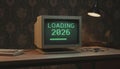 Retro computer loading screen displaying new year 2026 Royalty Free Stock Photo