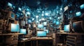Retro computer monitors various data located on desk in dark room of hacker base
