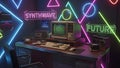 Retro Computer with Neon Lights Royalty Free Stock Photo