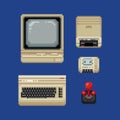 Retro computer pixel art style icons set. Stickers old school design. Video game 64 bit sprite. Retro computer, floppy