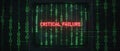 Retro computer screen displays critical failure message in red neon against binary code background Royalty Free Stock Photo