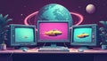 Retro computer setup with multiple monitors displaying yellow spaceship, evoking Y2K nostalgia. Ui features icons, dialogue Royalty Free Stock Photo