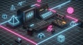 Retro computer setup neon grid Royalty Free Stock Photo