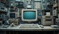 Retro Computer Setup with Vintage Electronics and Messy Workshop Backdrop Royalty Free Stock Photo