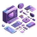 Retro computer technology components and devices isometric view Royalty Free Stock Photo