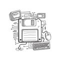 Retro computer technology illustration with floppy disk and peripherals Royalty Free Stock Photo