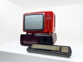 Retro Computer Terminal with Red Monitor and Vintage Keyboard