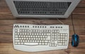 Retro computer on wooden table. Monitor, keyboard