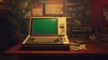 Retro Computing Vintage Green Screen PC on a Cluttered Desk in a Warmly Lit Nostalgic Study Space Royalty Free Stock Photo