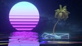 Retro concept. Album's cover. Palm tree on a neon sunset background. Water surface. Blue pink color. 3d illustration