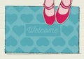 Retro concept welcome mat with hearts and girls shoes