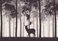 A retro coniferous forest with a silhouette of a deer Royalty Free Stock Photo