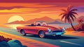 Retro Convertible Car Cruising on Coastal Road at Sunset Royalty Free Stock Photo