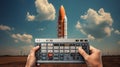 Retro Countdown: Vintage Calculator Against 1970s Rocket Liftoff Background