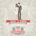 Retro couple bride and groom.Wedding invitation with paisley lac