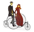 Retro couple of cyclists on bicycle.Vector illustration. -