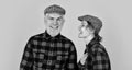 retro couple of farmers. happy man and woman checkered shirt and hat. Happy family concept. hippie and hipster. couple