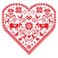 Retro heart cross-stitch vector seamless folk art pattern with flowers, cows, birds and dogs - German, Austrian and Swiss folk art