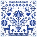 Retro cross-stitch vector seamless pattern, background inspired by old German and Austrian style embroidery flowers and birds and Royalty Free Stock Photo