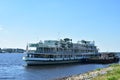 Retro cruise ship Ivan Kulibin in the port of Kostroma on the Volga River on June 19, 2021. The three-deck ship