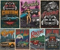 Retro custom cars colorful posters set Royalty Free Stock Photo