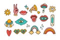 Retro cute cartoon hippy groovy vector sticker set.