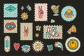 Retro cute cartoon hippy groovy vector sticker set.