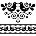 Scandinavian folk vector design elements, cute floral design with birds in black on white background