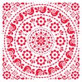 Scandinavian folk vector greeting card on inviation design floral mandala pattern with birds in red on white background Royalty Free Stock Photo