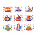 Retro cute water transport set, steamboat, passenger cruise ship, submarine, yacht vector Illustration on a white Royalty Free Stock Photo