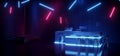 Retro Cyber Sci Fi Neon Glowing Laser Purple BLue Lights Futuristic Bar Club Night Grunge Show Podium Stage Brick Wall Drink Royalty Free Stock Photo