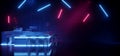 Retro Cyber Sci Fi Neon Glowing Laser Purple BLue Lights Futuristic Bar Club Night Grunge Show Podium Stage Brick Wall Drink Royalty Free Stock Photo