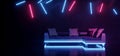 Retro Cyber Sci Fi Neon Glowing Laser Purple Blue Lights Futuristic Bar Sofa Club Night Grunge Show Podium Stage Brick Wall Drink Royalty Free Stock Photo