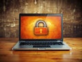 Retro Cyber Security An Orange and Black Laptop Guards a Locked Cloud Icon A Timeless Representation of Data Royalty Free Stock Photo